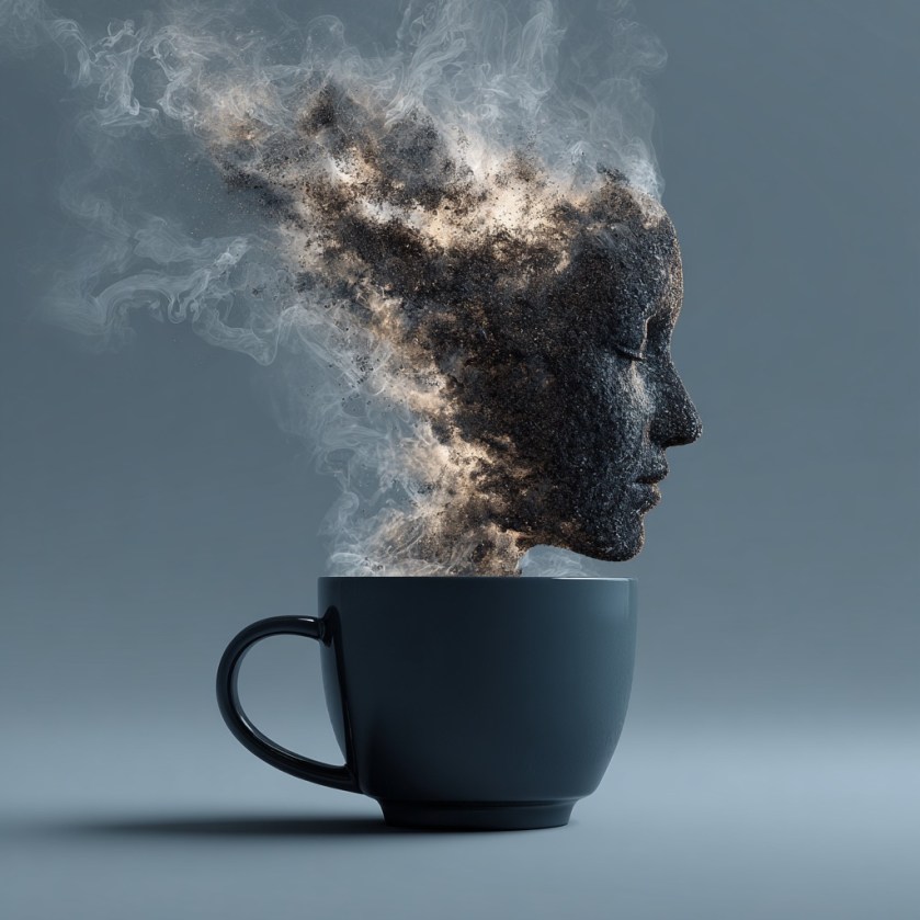 A face rising out of a steaming coffee mug