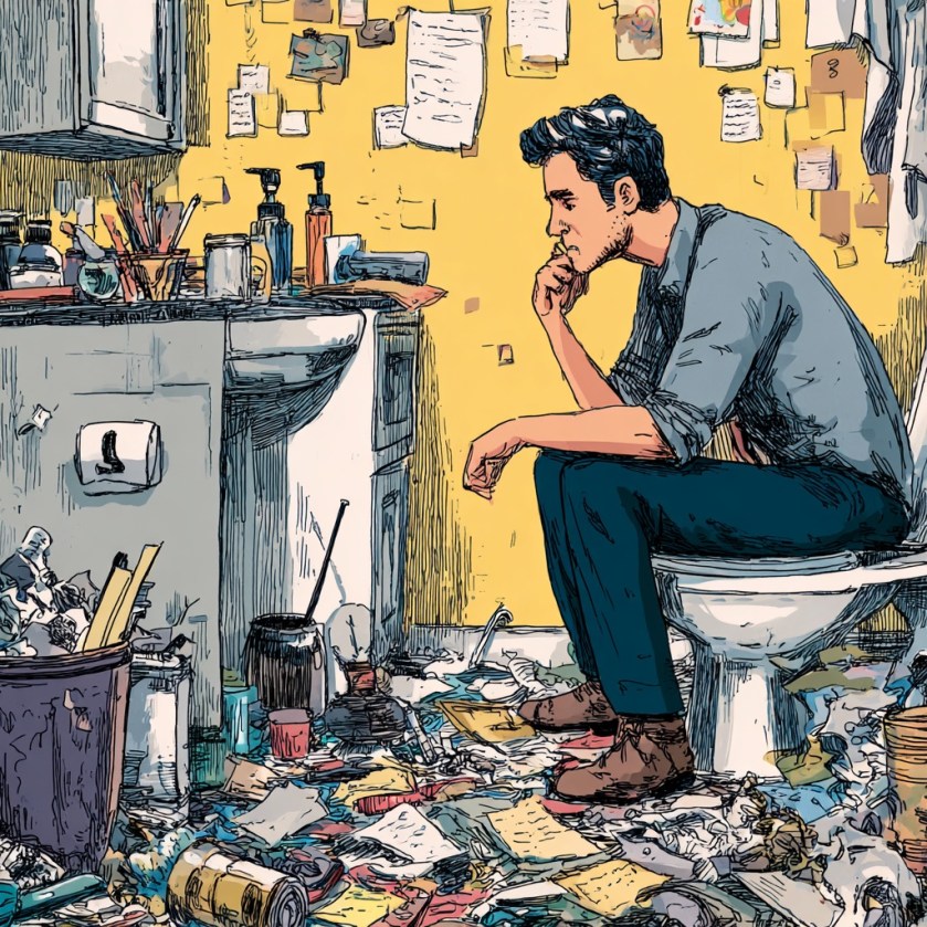 A man sat on the toilet, head in hand, surveying mess all around him.