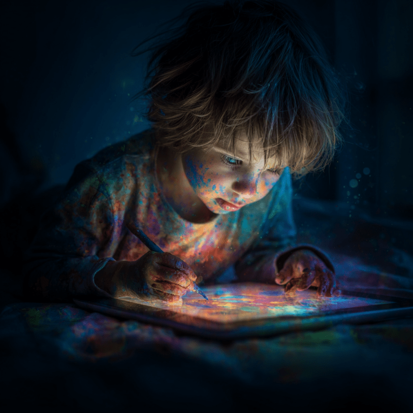 A young child creating an AI artwork on a tablet, surrounded by glowing colours that blend paint and pixels, symbolising the future of creativity.