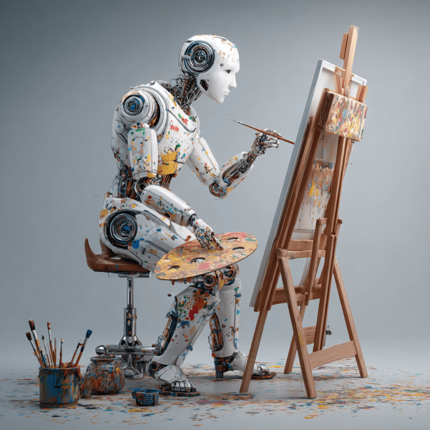 A humanoid robot covered in colourful paint sits at an easel, painting with brushes and a palette, symbolising creativity and artificial intelligence.