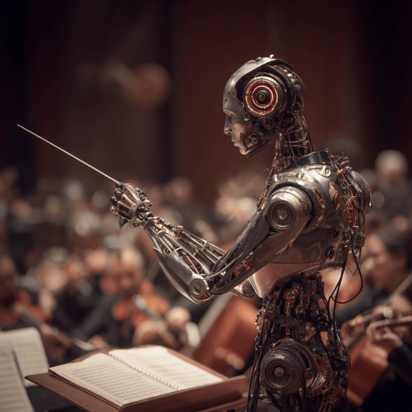 An AI Robot conducting an orchestra.
