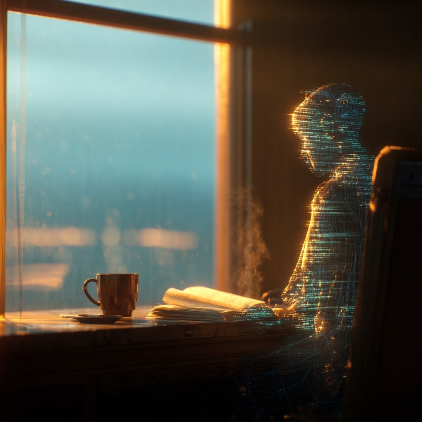 A notebook on a wooden desk by a softly lit window, faint glowing words on the page suggesting the shared creativity of human and AI.