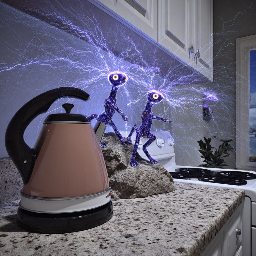 A surreal kitchen where glowing alien creatures hover around a kettle, blending science fiction with gentle British humour.