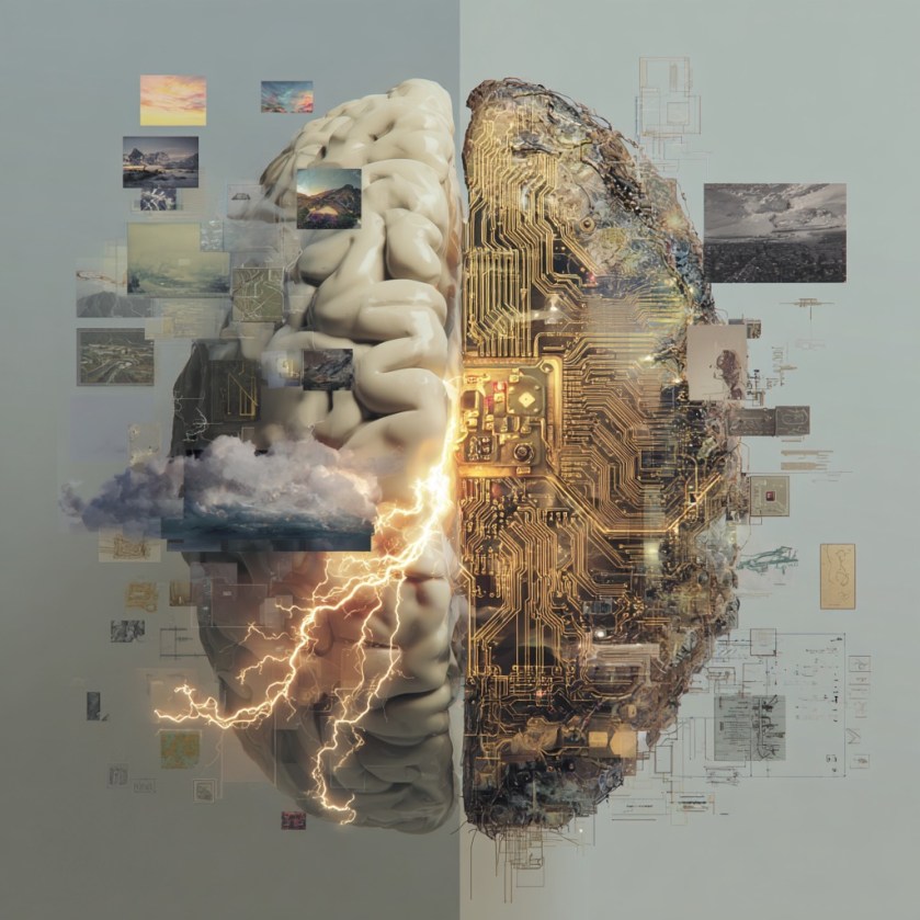 Fusion of human and AI brains surrounded by random images and words, illustrating collaboration between human imagination and machine logic.