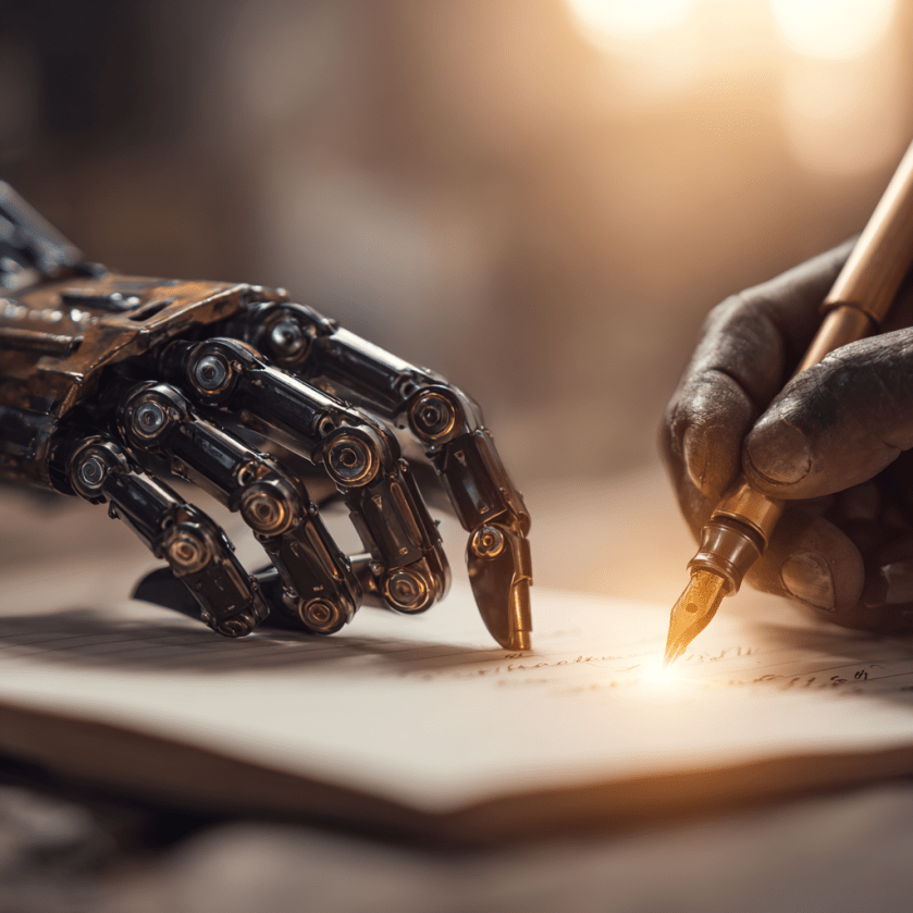 Human and robot hands writing together on the same notebook, pen glowing faintly, symbolising collaboration