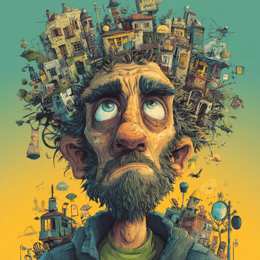 Surreal illustration of a man with a miniature city growing from his head, symbolising urban overthinking and creative sprawl.