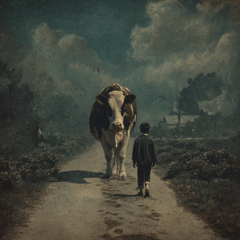 A picture of a young boy coming face to face  with a cow on a lonely country lane.