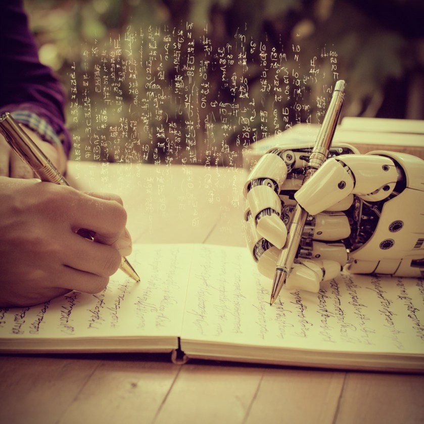 A human hand and a robotic hand both writing in a notebook, words floating into the air,