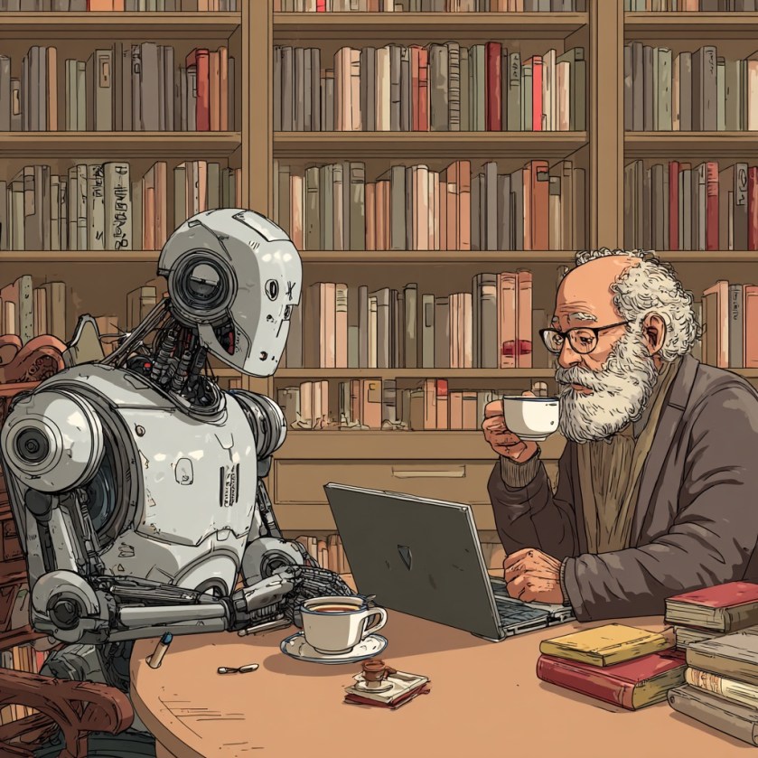 Elderly man and friendly robot sharing coffee and working on a laptop together in a cosy library — symbolising curiosity, learning, and connection between generations.