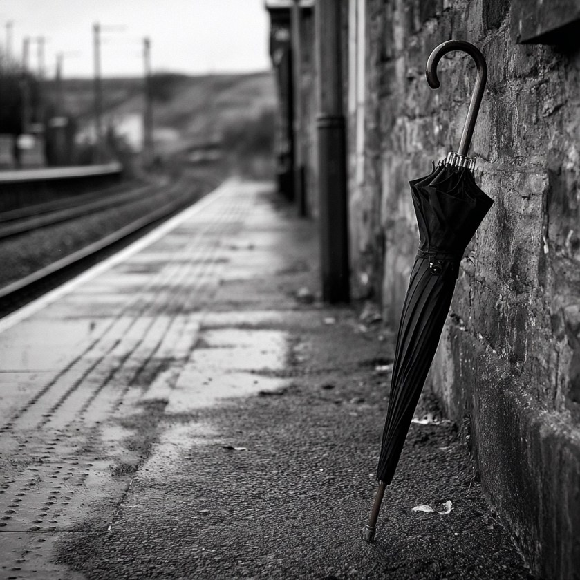 A closed umbrella leaning against a wall at a deserted railway platform.