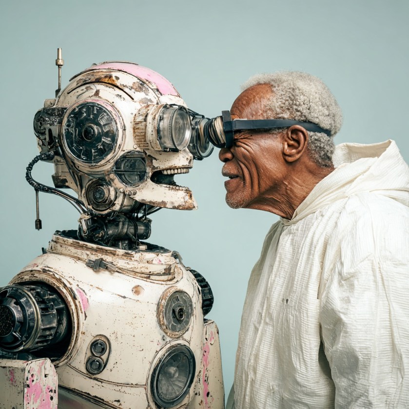 A robot and an old man standing close to each other and staring into teacher others eyes.