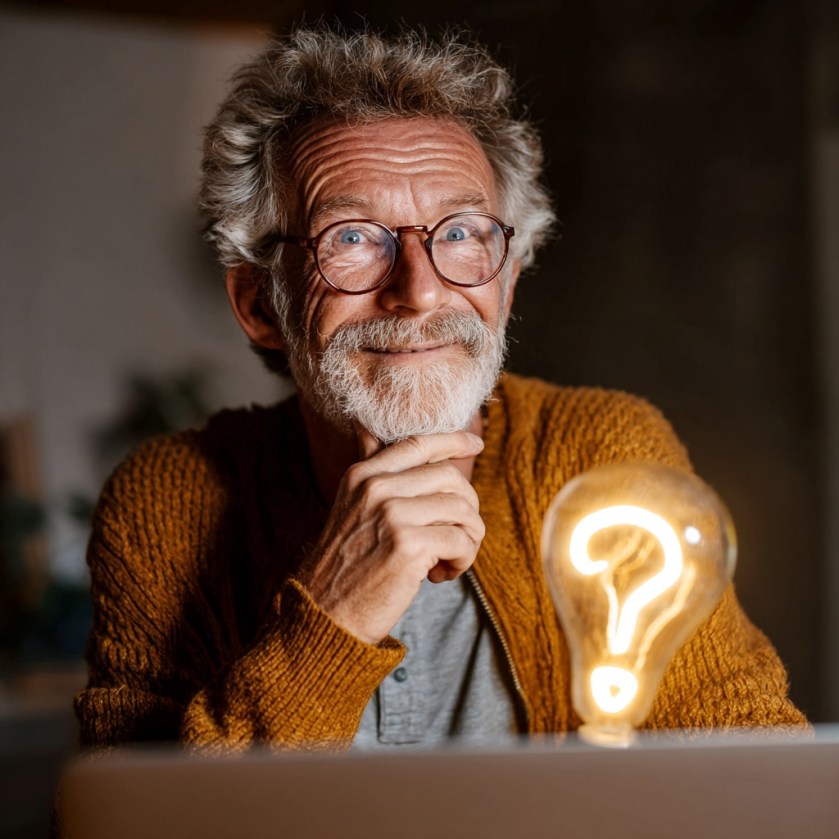 An older man smiling thoughtfully at a laptop, a glowing question mark reflected in his glasses, symbolising curiosity and learning.