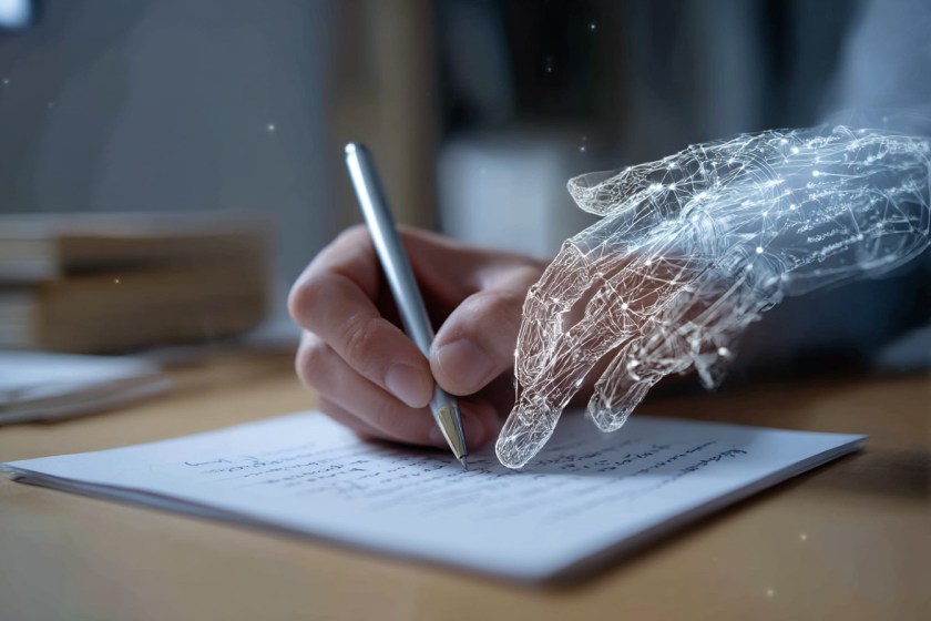 A desk showing handwritten notes side-by-side with holographic AI-generated narrative fragments