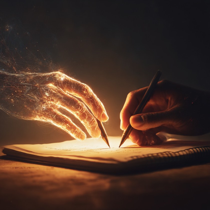 A human hand and a softly glowing digital hand working together over a notebook, not shaking hands but co-writing, warm lighting, artistic, no corporate feel, subtle hint of technology blending with creativity.