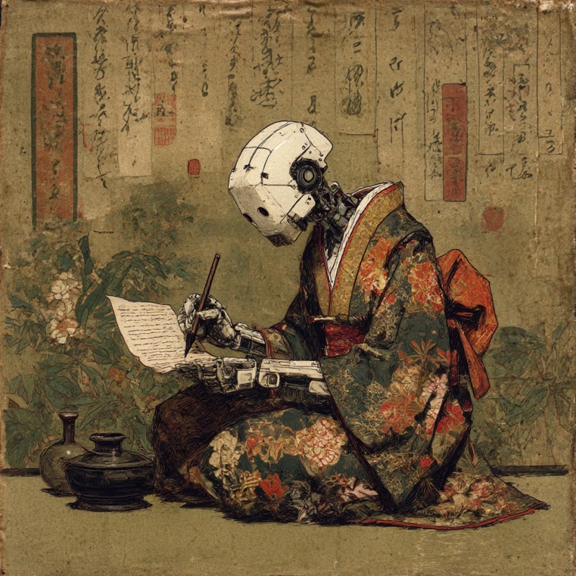 Haibun, Ukiyo-e,, AI robot writing, llustration,
