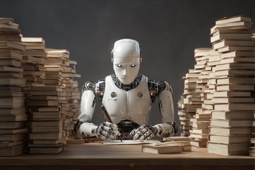 AI robot sat at a desk writing, with books piled up either side of him in large piles