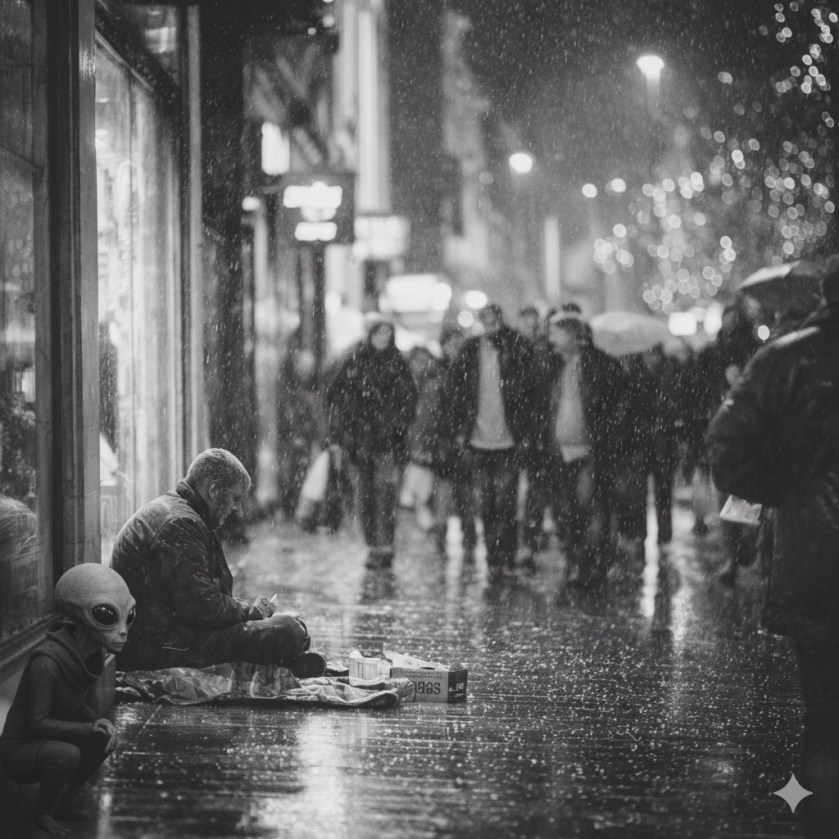 An alien figure observing people walking past a homeless man