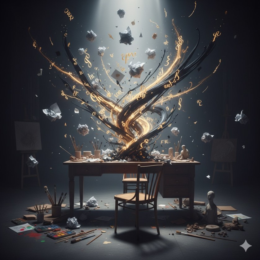 Paper transforming into glowing story-light, symbolising creative freedom.