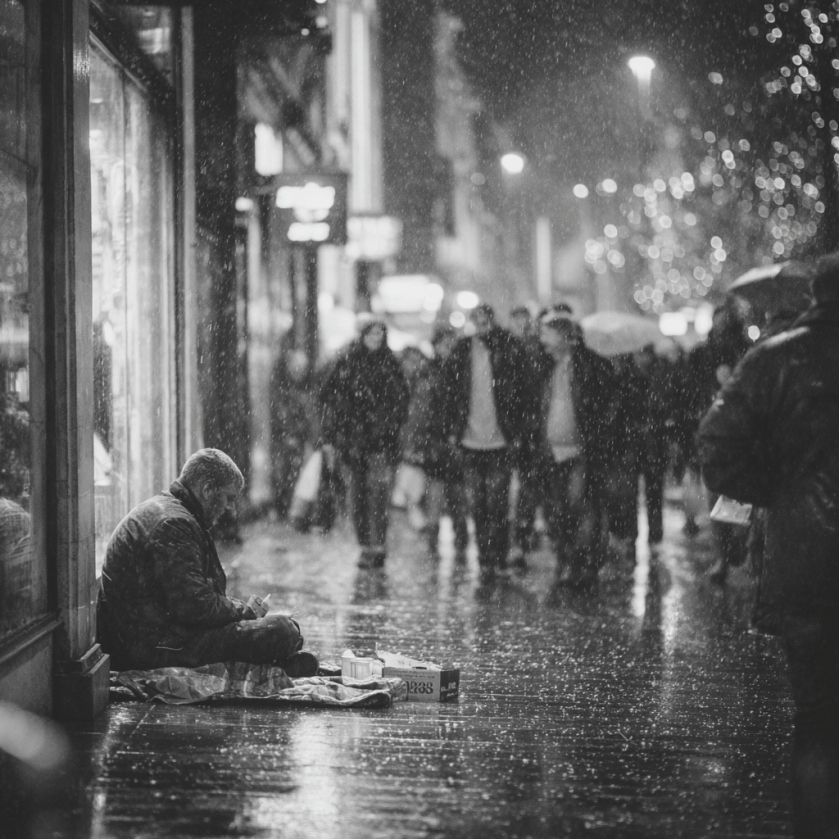 A picture of a homeless man, sat outside a shop, on a busy city street in the pouring rain.
