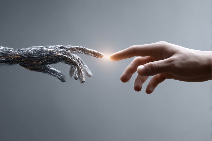 human hand reaching out to touch AI hand 