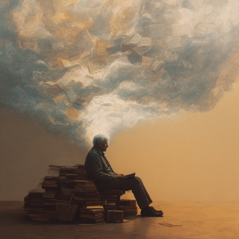 A swirling cloud of memories, books, drawings, and faint glowing silhouettes, emerging from the mind of an older person sitting peacefully, soft magical realism, warm tones, dreamlike, not tech-heavy more human and emotional. 