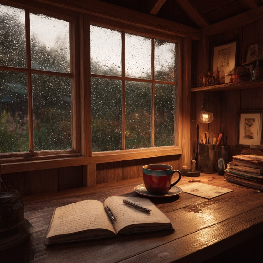 A cosy wooden writing shed on a rainy afternoon, soft warm lighting, a desk with a mug of tea, open notebook, , slightly magical atmosphere, British countryside outside the window, gentle realism.
