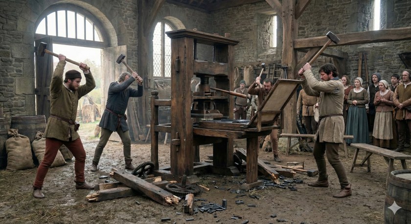 Smashing a printing press in the 15thCentury as an example of how people fear new technology.