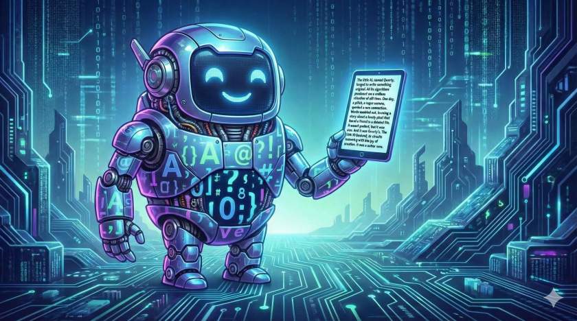 A friendly-but-weird AI robot made of letters and punctuation holding a tiny 100-word story.