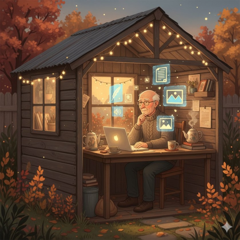 An older man working in a warm, glowing garden shed as creative holograms of writing, audio, and video float around him.