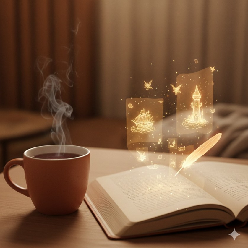 A warm cup of tea next to a notebook, with faint glowing story fragments rising from the page.