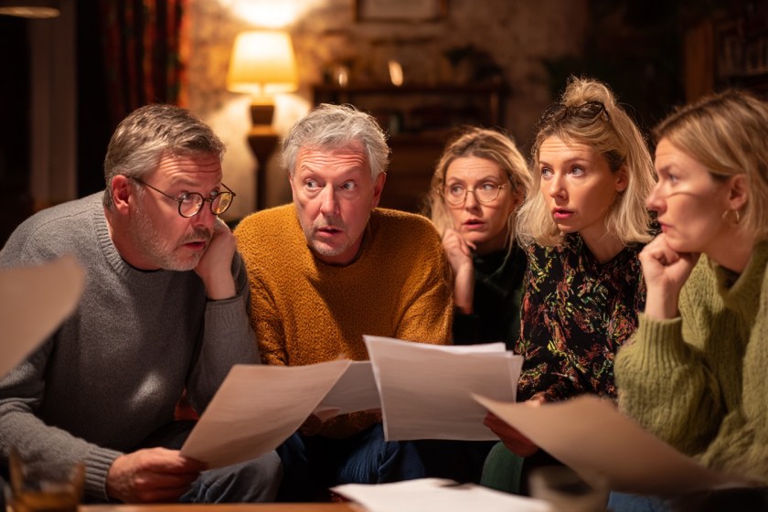 A group of adults in a cosy room debating over sheets of paper, looking puzzled.