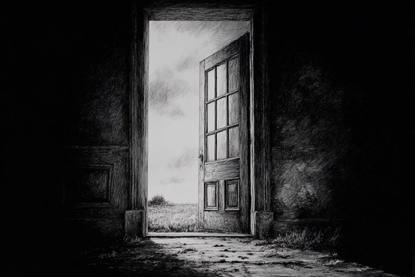 A black and white sketch showing an open door leading to a deserted countryside landscape.