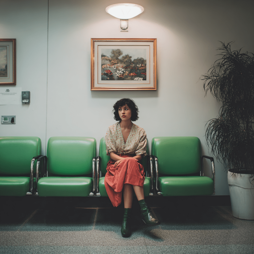 a woman sat in a green vinyl chair in a hospital waiting room
