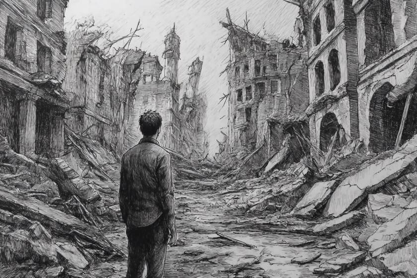 a black and white sketch of a man lost in the ruined streets of an apocalyptic city