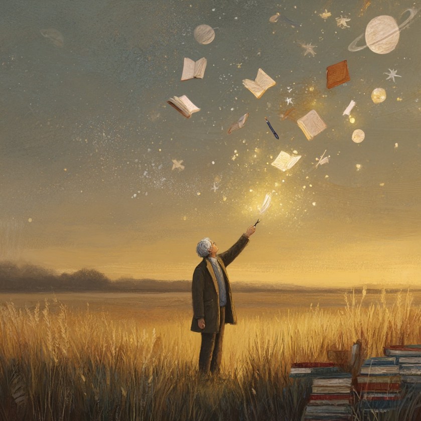 Cosy magical realism, warm golden lighting, soft painterly textures, British countryside details… An older adult standing in a field at dusk, releasing glowing, whimsical idea-shapes into the air, books, pens, floating pages, stars, miniature planets. Gentle sense of hope and playfulness. Magical realism with a warm emotional core.