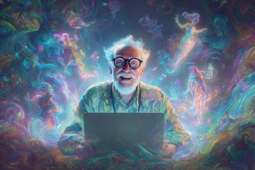 An older man smiling at his laptop while AI-generated characters glow into existence around him.
