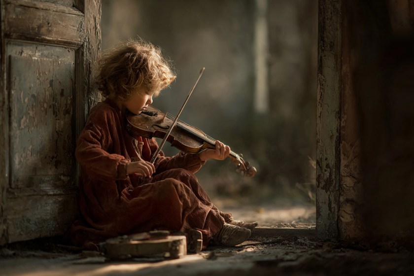 A young child in worn, old-fashioned clothing sits in a doorway of a crumbling building, gently playing an aged violin as soft light falls across them.