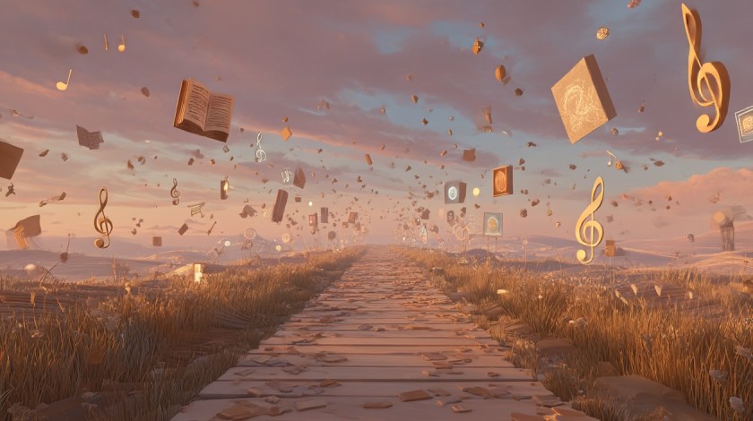 A glowing path lined with floating creative symbols leading toward a bright, hopeful horizon.
