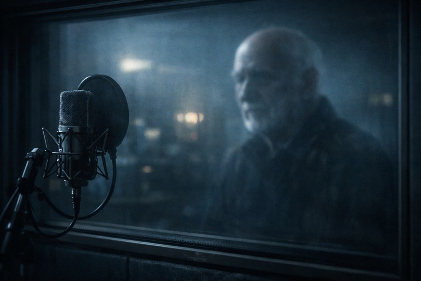 A blurred reflection of an older man’s silhouette in a studio window, with a microphone visible, suggesting voice recording and quiet unease.