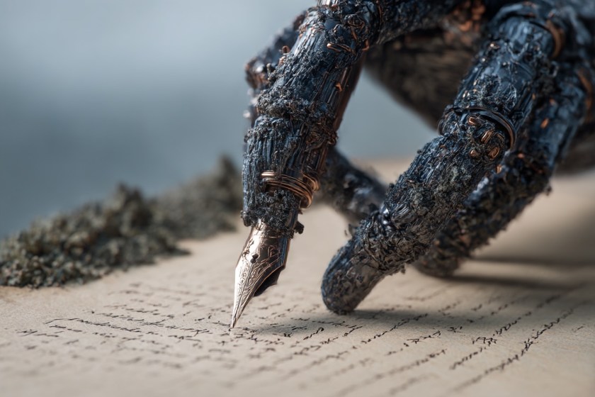 An AI hand with a fountain pen nib on one finger writing a story.