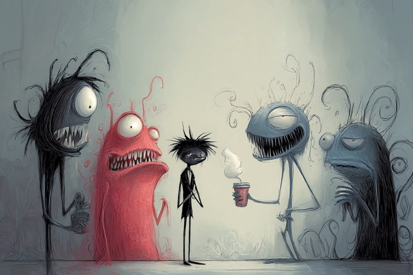 A surreal, Tim Burton-style illustration showing a nervous stick-figure person surrounded by four bizarre, wide-eyed monsters: a black spiky one, a red blobby one, and two blue creatures — one offering a steaming cup. All appear to be staring at the central figure.