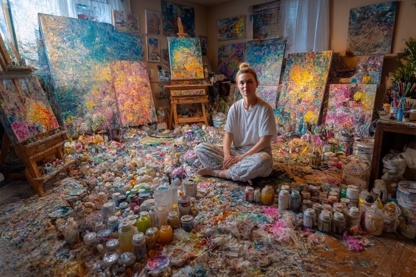 Creative abundance in the form of an artist surrounded by an abundance of materials