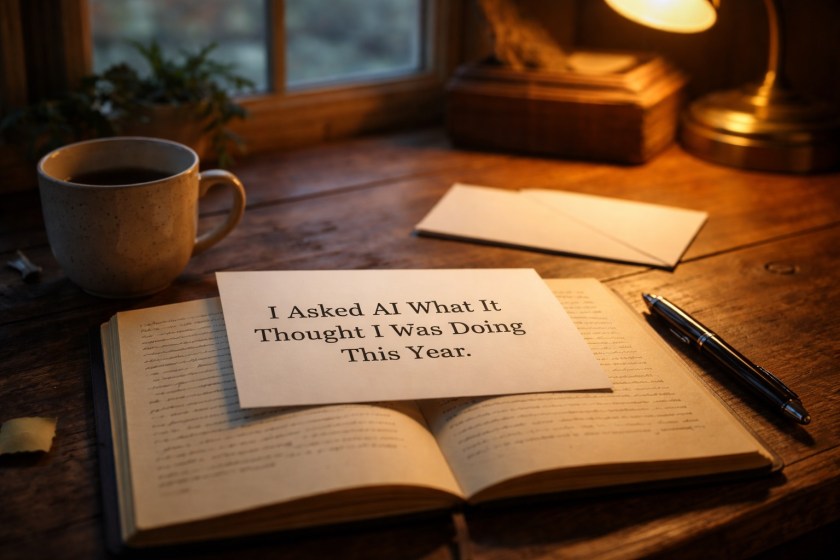 A softly lit writing desk at dusk with an open notebook, a pen, and a mug of tea. A handwritten card on the desk reads “I Asked AI What It Thought I Was Doing This Year,” creating a reflective, quiet atmosphere.