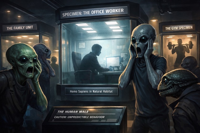 A surreal sci-fi museum interior where curious aliens peer through glass viewing portals at human exhibits. Humans appear only as silhouettes inside labelled display cases, while alien visitors react with shock and confusion. Soft glowing lights, dark futuristic architecture, and cinematic shadows create a calm yet unsettling atmosphere with dark humour.