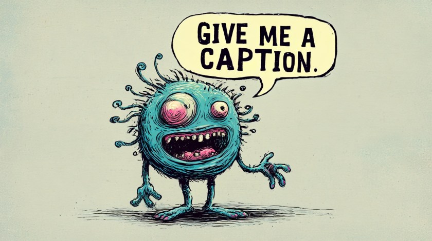 A humorous, Tim Burton-style blue monster with tentacle-like hair, uneven eyes, sharp teeth, and long fingers. It stands on two legs and looks directly at the viewer while a speech bubble says “Give me a caption.”