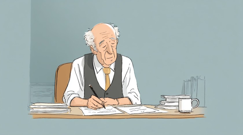 cartoon caricature of a older man sat at a desk writing 