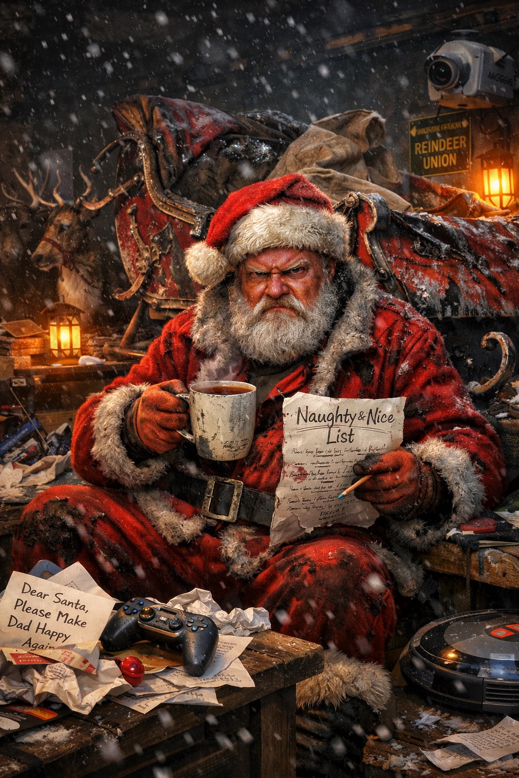 A weary, grumpy Santa Claus sits amid a battered sleigh and scattered Christmas lists, clutching a mug of strong tea and a crumpled Naughty and Nice list, snow falling around him as the chaotic aftermath of Christmas night surrounds the scene.