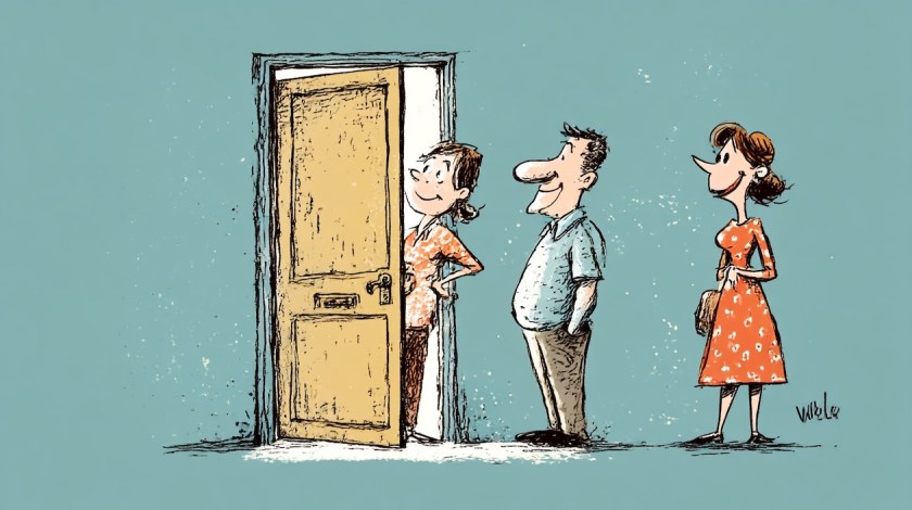 cartoon caricature of an open door and three people waiting to walk through