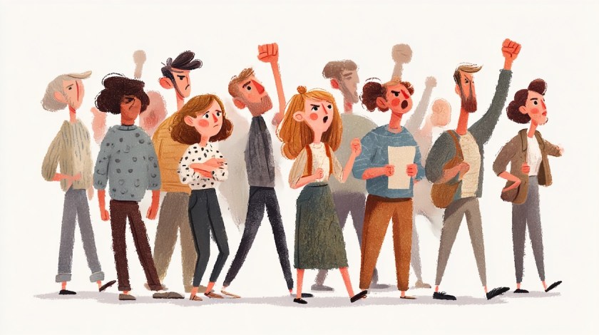 cartoon caricature of a small group of people being resistant 