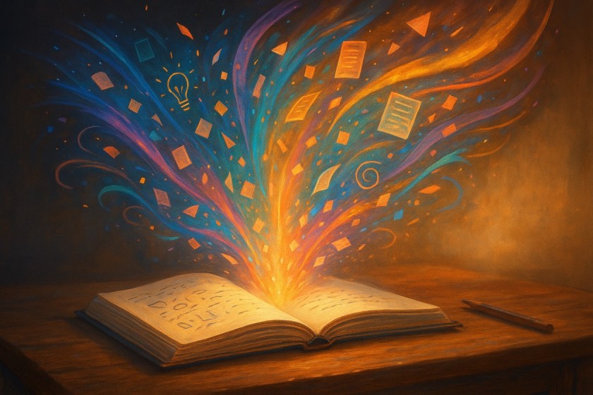 A notebook on a wooden desk with colourful creative energy swirling out of it in bright, abstract shapes.